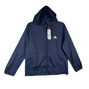 Adidas Hooded Windbreaker Jacket Women Medium Full Zip Lightweight Navy Blue NEW
